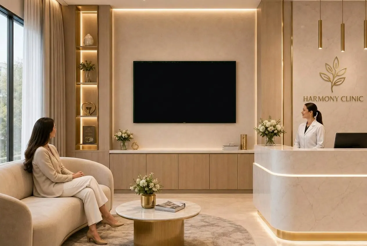 Paciente na recepção da clínica assistindo a TV Engajada